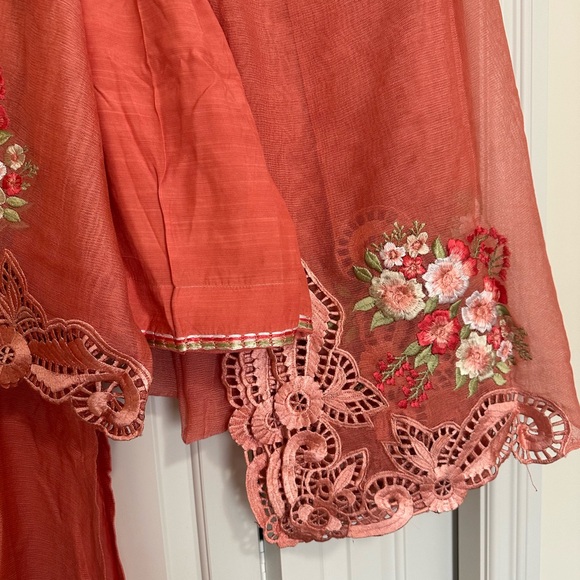 Elegant Peach Embroidered Long Dress 3Pc - Picture 9 of 9